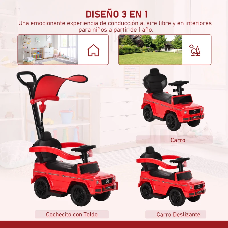 HOMCOM Coche Correpasillos para Niños de 1-3 Años con Licencia Mercedes G350 Capota Extraíble y Barandilla 85,5x40,5x95 cm Rojo