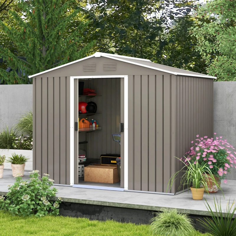 Outsunny 7.7 x 5.7ft Outdoor Garden Storage Shed, Metal Tool House with Ventilation and Sliding Doors, Light Grey