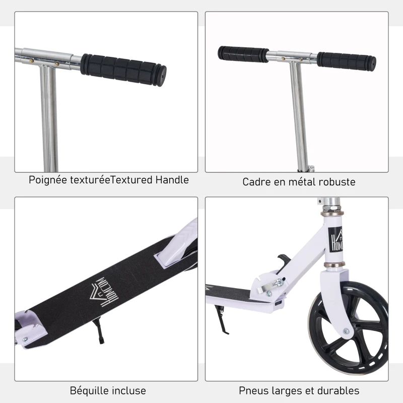HOMCOM Trottinette Pliable Hauteur Guidon réglable sur 4 Niveaux système de freinage arrière pour enfant adolescent pois max. 100KG dim. 88L x 37l x 75-100H cm Blanc