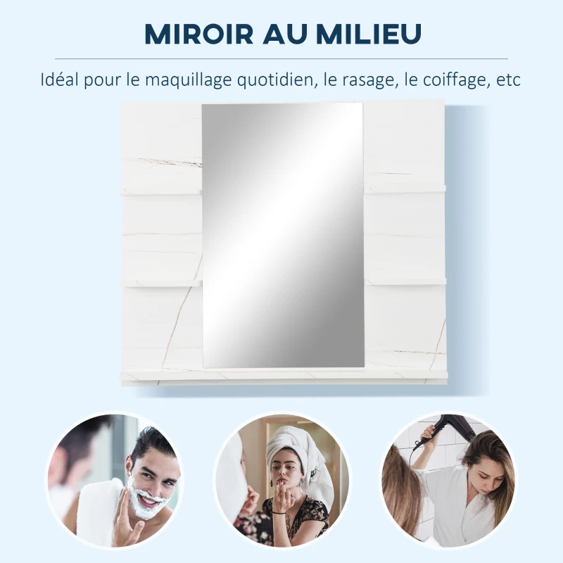 kleankin Miroir mural de salle de bain avec étagères de rangement - 4 étagères latérales + 1 étagère inférieure - MDF