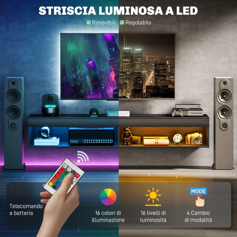 HOMCOM Mobile Porta TV fino 75" Sospeso con Luci LED 16 Colori e Telecomando, 180x40x30cm, Nero