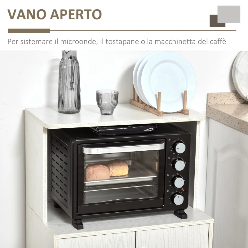 HOMCOM Mobile Cucina Multiuso con Ruote, Armadietto e Ripiano per Microonde, Credenza Alta in Legno Truciolare, 60.4x40.3x97cm Bianco