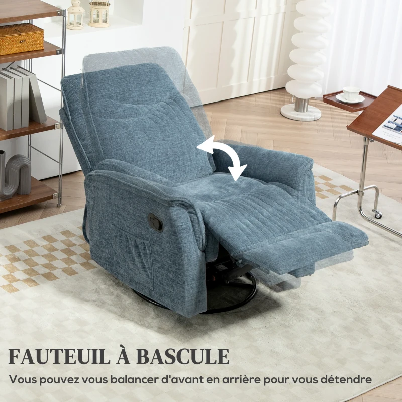 HOMCOM Fauteuil inclinable manuel pivotant avec repose-pieds rétractable, dossier réglable, bleu
