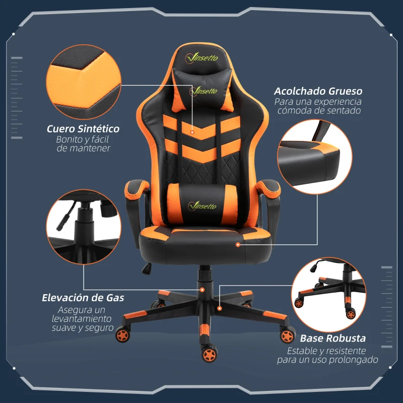Vinsetto Silla Gaming Altura Regulable Basculante con Reposacabezas Cojín Lumbar 61x70x121-129 cm Naranja