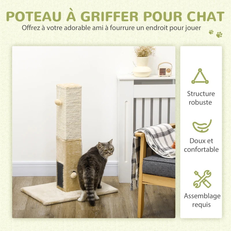 PawHut Poteau à gratter pour chat griffoir pour chat balle avec clochette 2 brosses de toilettage 59,5 x 39 x 79 cm beige crème