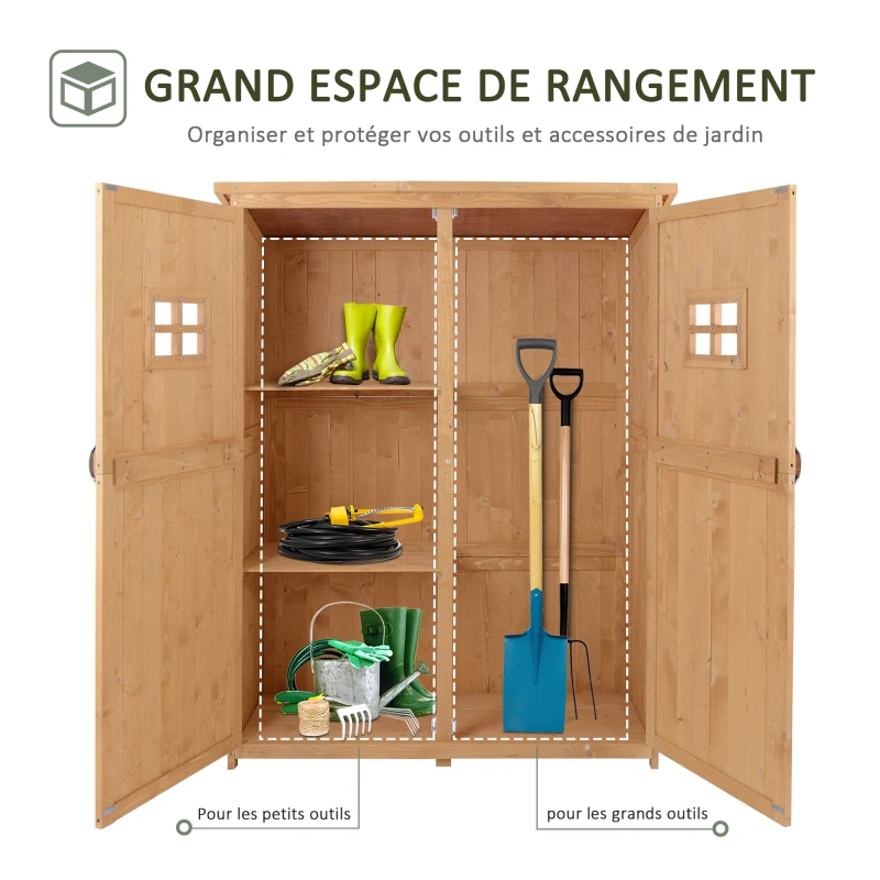 Outsunny Abri de Jardin en bois Armoire de Jardin dim. 127,5L x 50l x 164H cm 2 étagères 2 Portes 2 fenêtres Toit bitumé étanche Bois Massif Sapin pré-huilé bois naturel