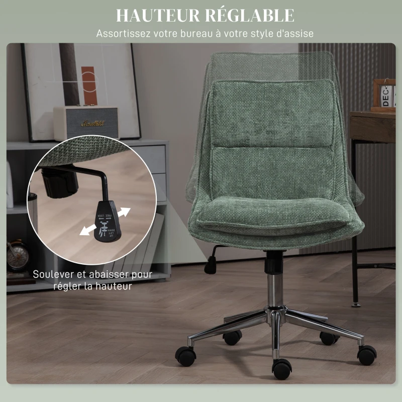 HOMCOM Fauteuil chaise de bureau en tissu, hauteur réglable, pivotant avec 5 roulettes, vert