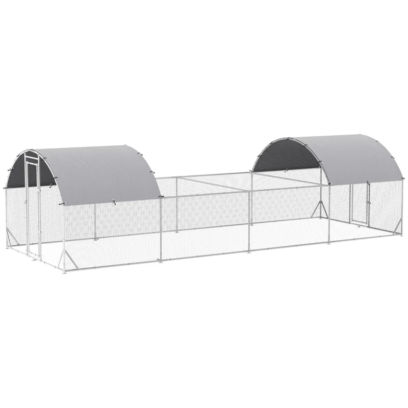 PawHut Gallinero Exterior de Acero Galvanizado 7,6x2,8x1,95 m con Cubierta de Tela para 20-24 Gallinas Conejos Aves Plata