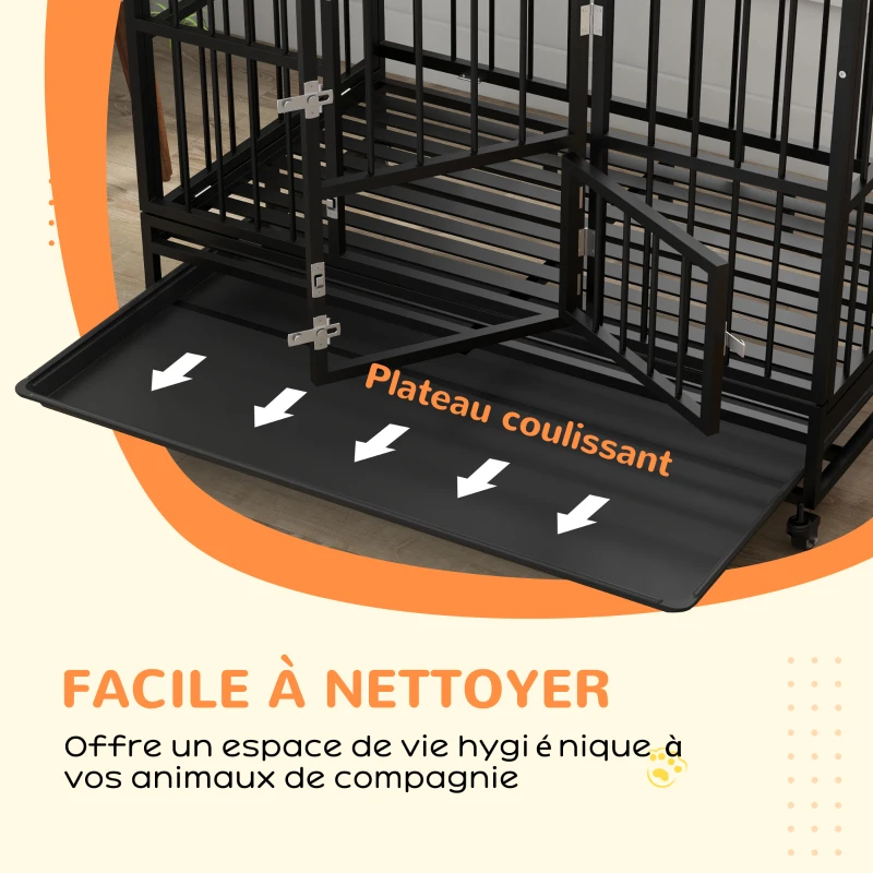 PawHut Cage pour chien cage de transport pour chien sur roulettes 2 portes verrouillables plateau amovible 123 x 74 x 125 cm