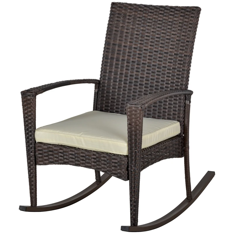 Outsunny PE Rattan Garden Rocking Chair, Outdoor Rocking with Cushion, 160 KG Capacity Wicker Garden Armchair Rocker with Metal Frame for Patio, Porch, Balcony, Brown