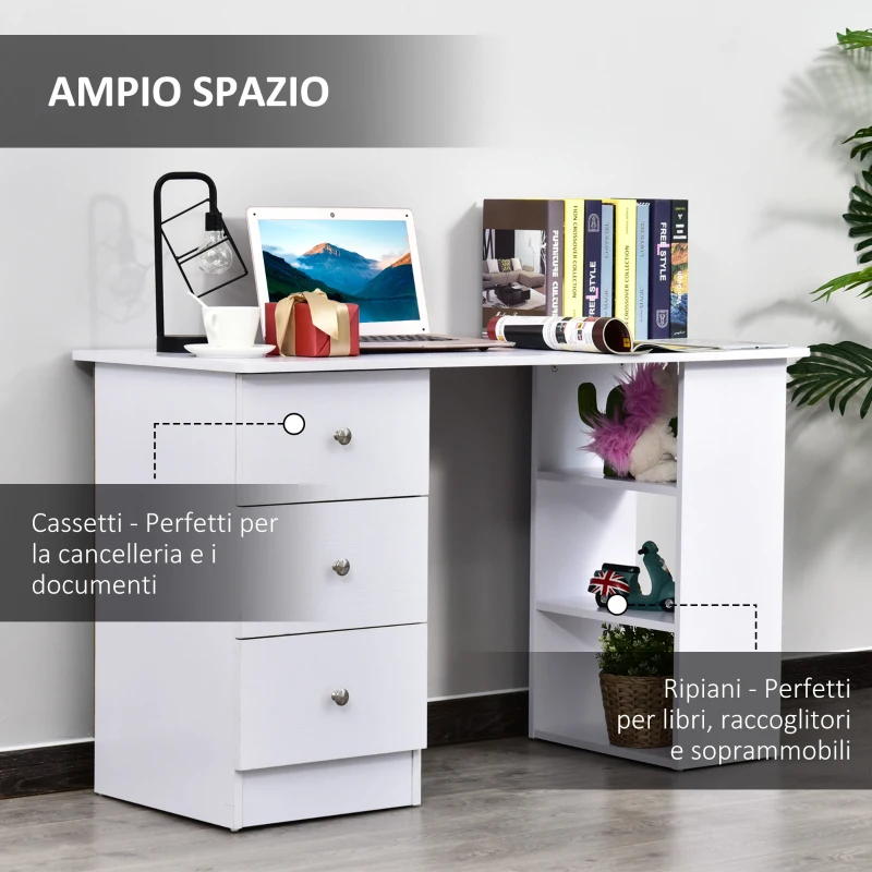 HOMCOM Scrivania Porta PC per Camera e Ufficio con Cassettiera e Ripiani Portaoggetti in Legno 120x49x72cm Bianco