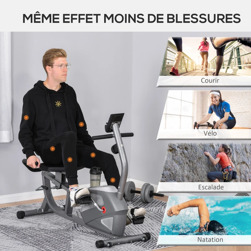 HOMCOM Vélo d'appartement semi-allongé vélo couché magnétique écran LCD multifonction siège réglable 8 niveaux de résistance(m-6)