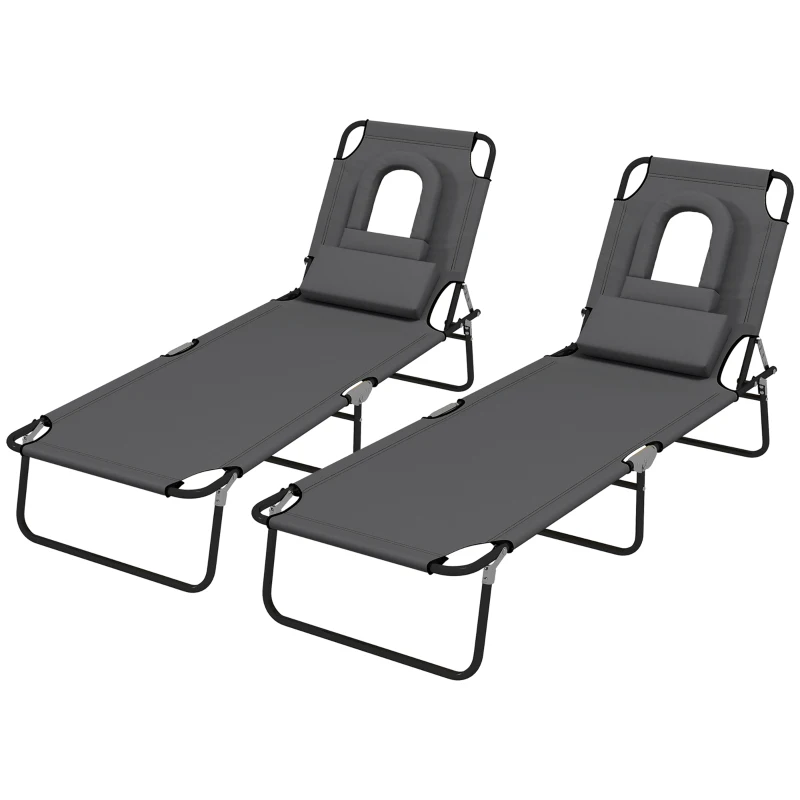 Outsunny Outdoor Folding Sun Lounger Set of 2 with Face Hole, 4 Level Adjustable Backrest Reclining Garden Lounger, Garden Recliner Sunbed with 600 D Oxford Cloth Seat and Pillow for Beach, Dark Grey