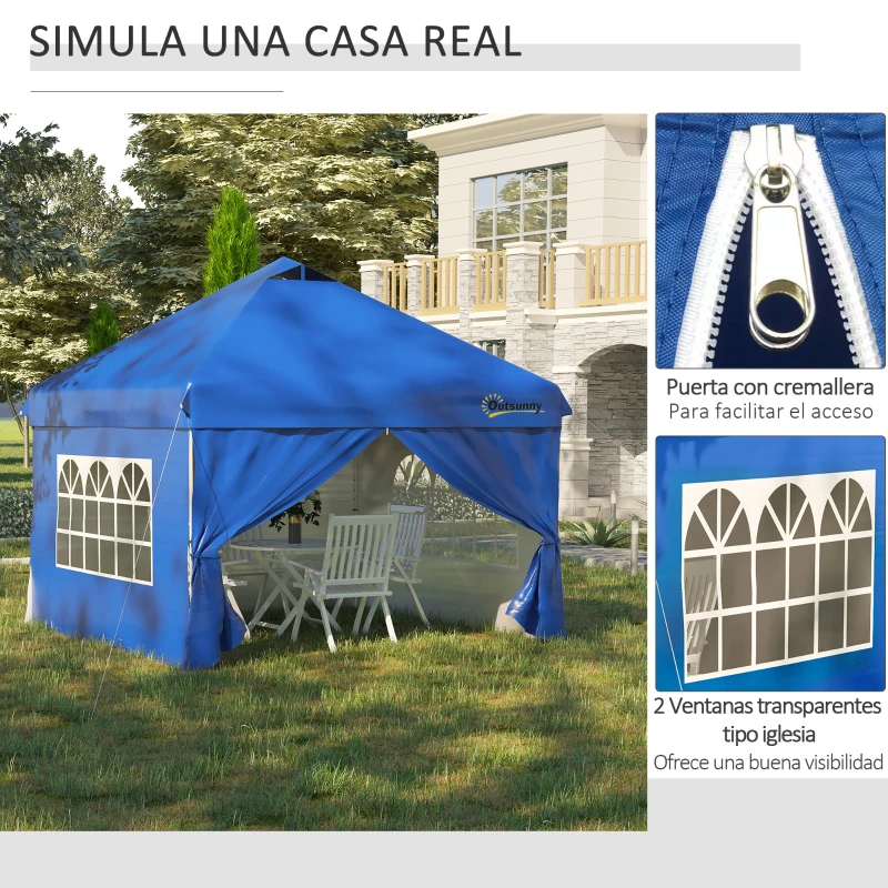 Outsunny Carpa Plegable 3x3 m con Altura Ajustable de 3 Niveles Cenador de Jardín con 4 Paredes Extraíbles 2 Ventanas 4 Sacos de Arena y Bolsa de Transporte Gazebo para Exterior Camping Azul