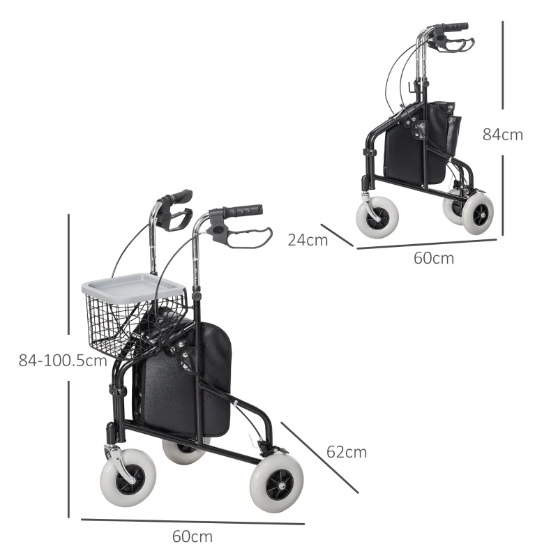 HOMCOM Deambulatore per Anziani e Disabili ad Altezza Regolabile con Cestino e Vassoio, 60x62x84-100.5 cm, Nero