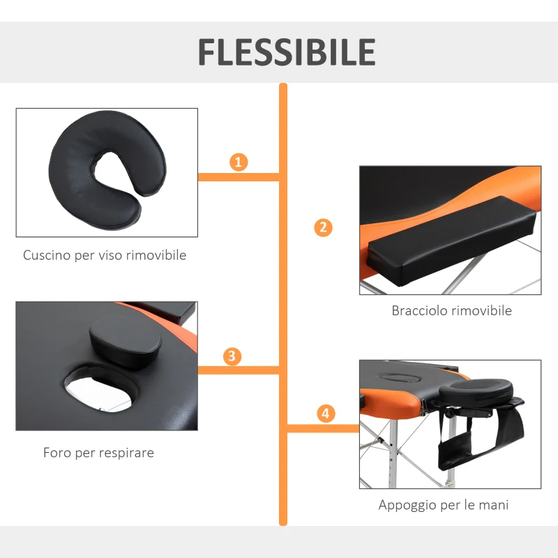 HOMCOM Lettino da Massaggio Pieghevole ad Altezza Regolabile, Lettino Professionale per Massaggi in Alluminio e Plastica, 215x81x61-84 cm, Nero e Arancione