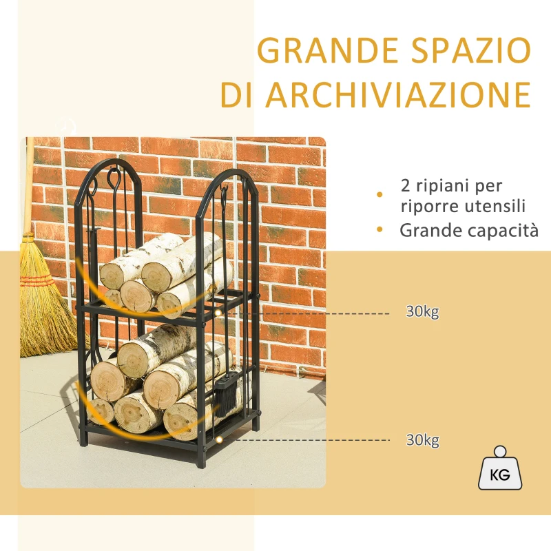 Outsunny Portalegna a 2 Ripiani in Metallo con Paletta, Scopa, Attizzatoio e Pinza, 41.5x32.5x74.5 cm, Nero