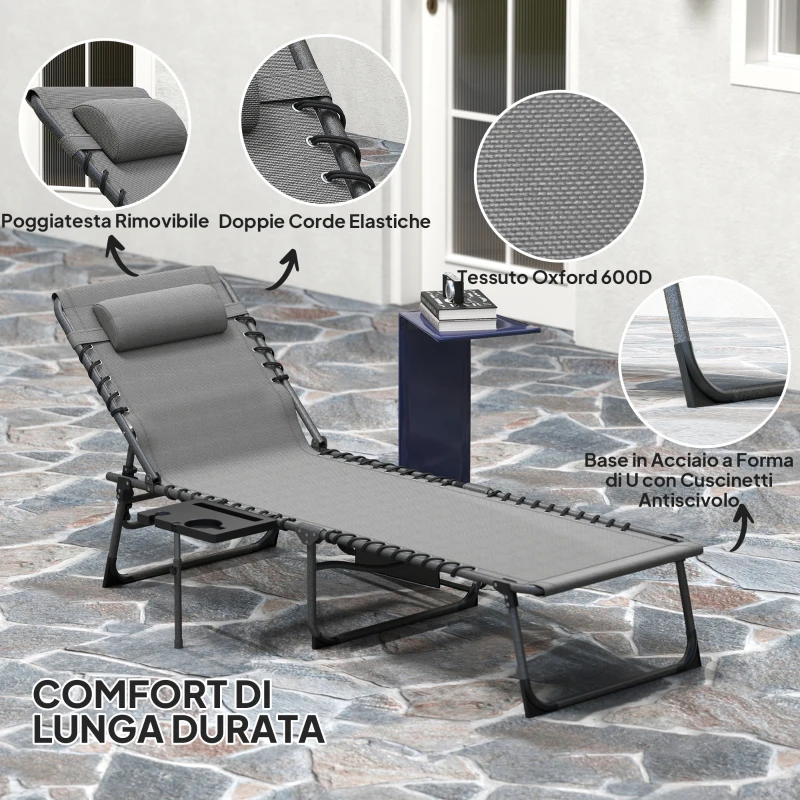 Outsunny Sdraio da Giardino Pieghevole e Reclinabile a 5 Livelli con Tavolino Laterale e Tasca, 60x190x31 cm, Grigio e Nero