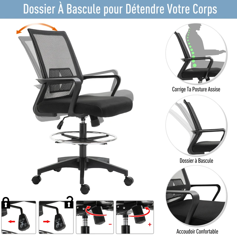 Vinsetto Fauteuil de bureau chaise de bureau assise haute réglable dim. 64L x 59l x 104-124H cm tabouret de bureau pivotant 360° maille respirante noir