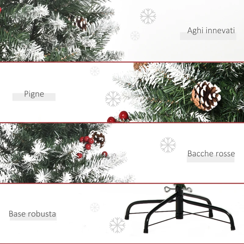 HOMCOM Albero di Natale Innevato Artificiale 150cm con Bacche Rosse e Pigne Bianche, Base Rimovibile Pieghevole, 408 Rami