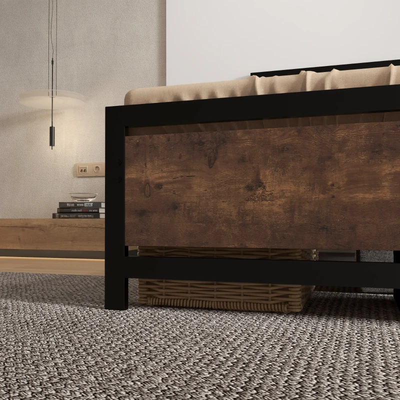HOMCOM Estructura de Cama de Acero Somier de Cama con Cabecera para Colchón 90x190 cm Carga 150kg 97x195x103 cm Negro y Marrón