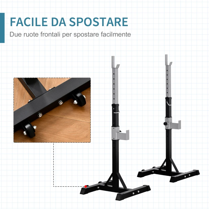 HOMCOM Set 2 Rack Porta Bilanciere in Acciaio, 2 Ganci con Altezza Regolabile, Capacità 150kg, 55x57x105-170cm, Nero