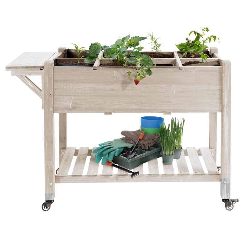 Outsunny Jardinière Sur Pied Avec Roulettes - Potager Élevé En Bois De Sapin Pré-huilé, Tablette Rabattable, Inserts Irrigation & Feutre Drainage - 123L X 54l X 87H Cm