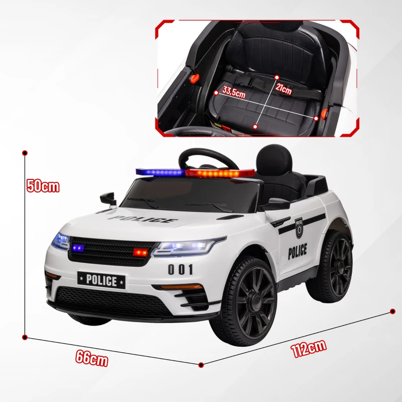 AIYAPLAY Coche Eléctrico Infantil de Policía con Batería 12V Mando a Distancia Faros Bocina Sirena Música Blanco