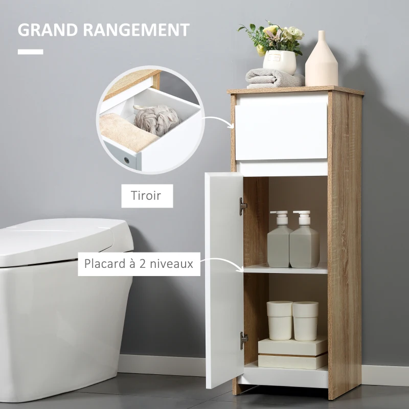 kleankin Meuble de salle de bain armoire de rangement avec 1 tiroir et 1 placard - 32,6 x 30 x 90 cm - aspect bois et blanc