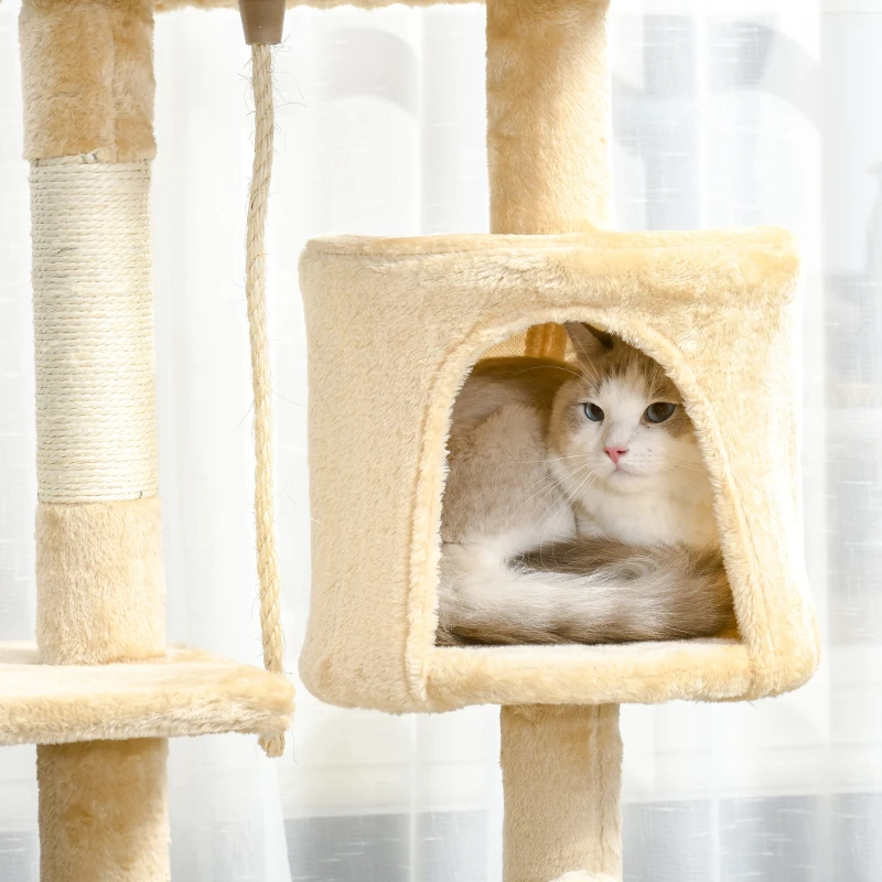 PawHut Árbol para gatos Rascador Grande con Plataformas Casetas Bolas de Juego 114cm Cubierto de Felpa Beige