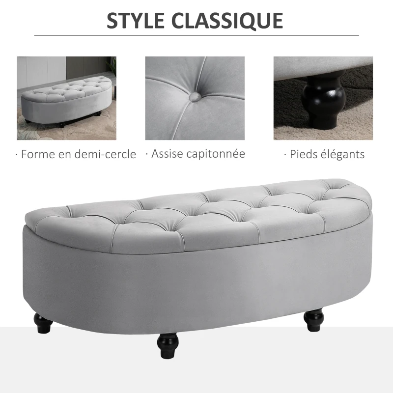 HOMCOM Banc de rangement, coffre de rangement design capitonné demi-cercle bout de lit avec revêtement velours, pieds en bois d'hévéa, pour salon, chambre, entrée, 120 x 46 x 42 cm, gris