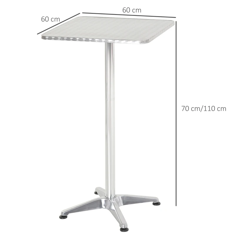 HOMCOM Tavolino Bar/Ristorante in Acciaio Inox, Tavolo con Piano Appoggio Quadrato 60x60cm e Altezza Regolabile 70-110cm