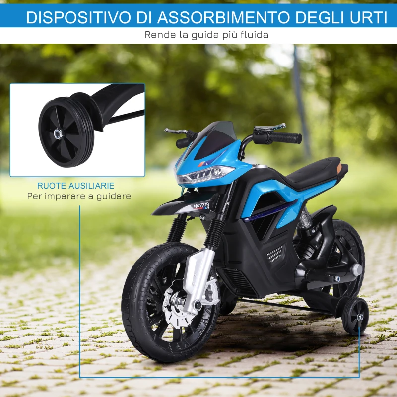 HOMCOM Moto Elettrica per Bambini da 6V con Rotelle e Fari, in PP e Metallo, 105x52.3x62.3 cm, Azzurro e Nero