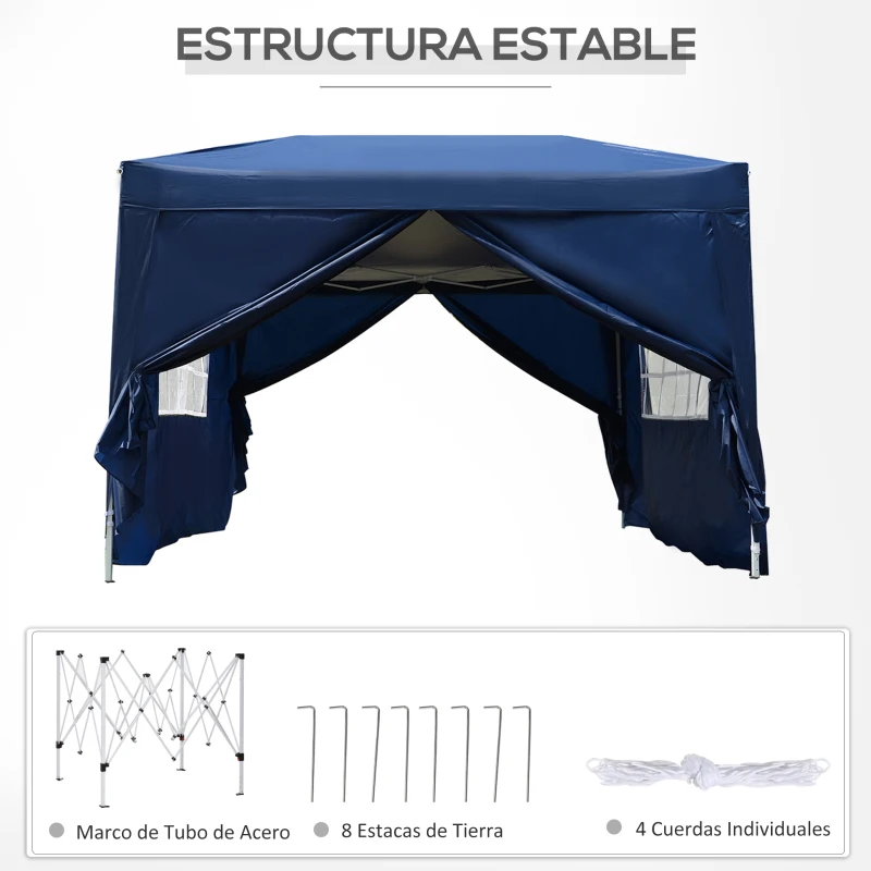 Outsunny Carpa Gazebo con Paredes Desmontables Ventanas Visibles Puerta con Cremallera Incluye Bolsa de Transporte Cuerdas y Piquetas 3x3 m Azul