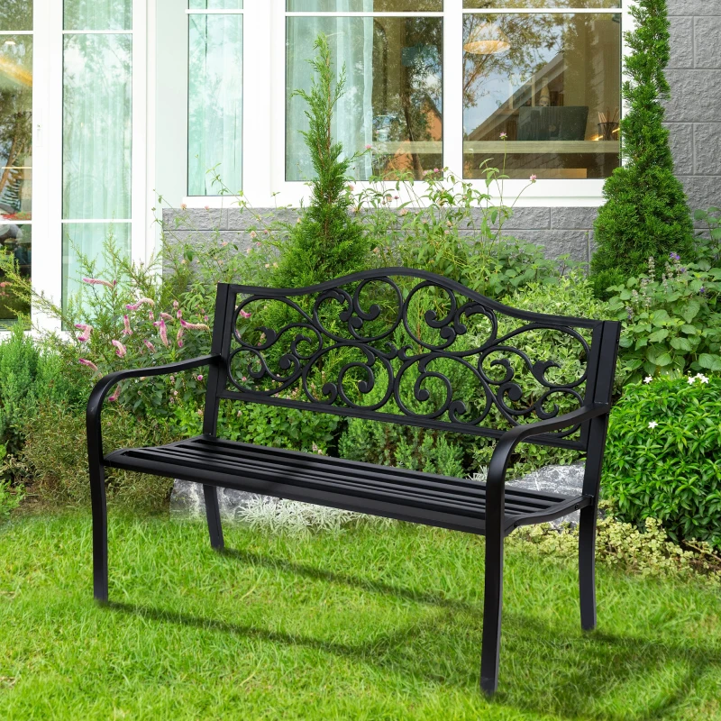 Outsunny Panchina da Giardino 2 Posti con Schienale Decorato in Ghisa e Metallo, 127x60x89cm, Nero