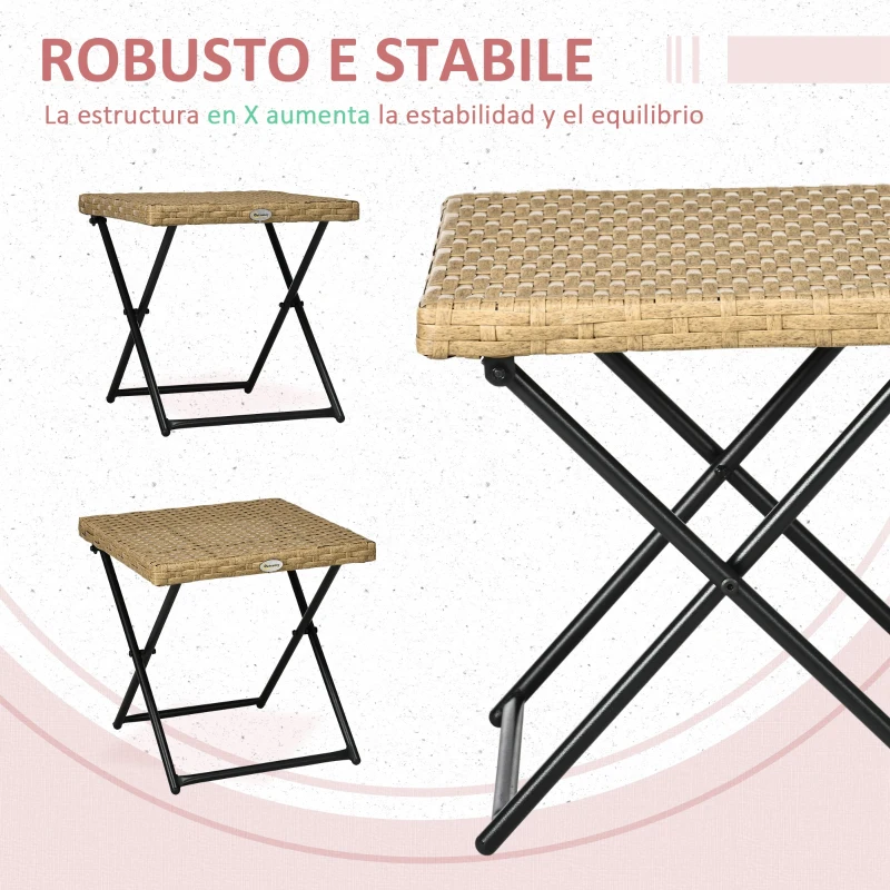 Outsunny Mesa de Terraza Exterior de Ratán PE Plegable con Patas Cruzadas y Marco de Acero para Patio Balcón 40x40x40 cm Natural