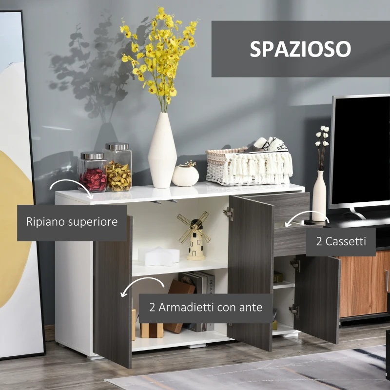HOMCOM Mobiletto Armadietto Multiuso per Soggiorno, Cucina, Ufficio, 2 Cassetti e 2 Armadietti con Apertura a Pressione, Grigio