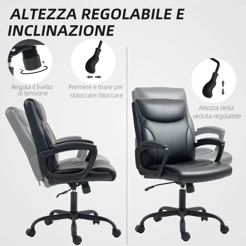 HOMCOM Sedia da Ufficio Reclinabile ad Altezza Regolabile in Finta Pelle e Acciaio, 60x68x95.5-105 cm, Nero