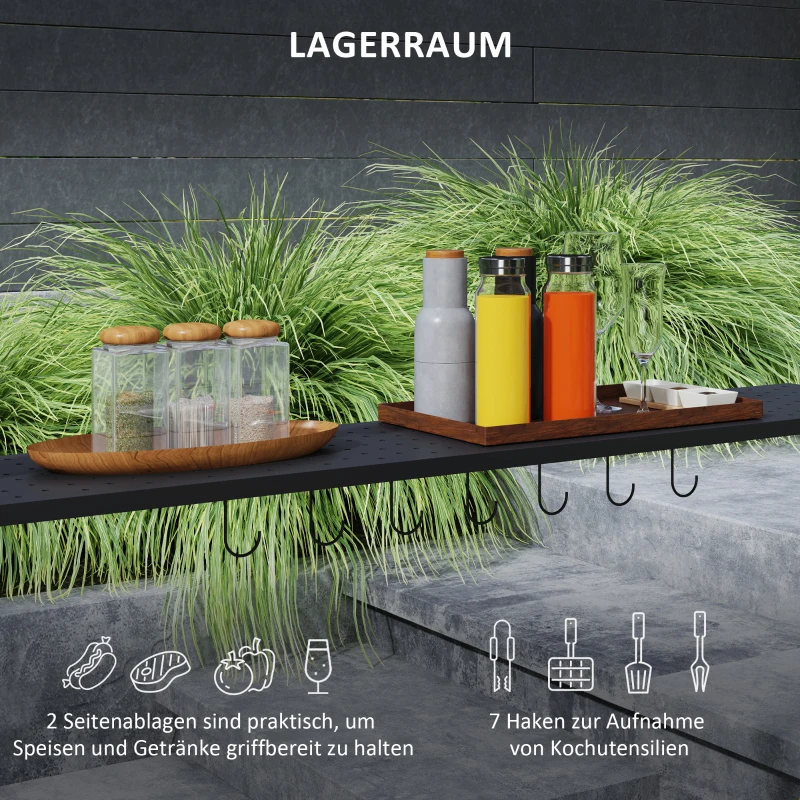Outsunny Grillpavillon, 2 Seitenablagen, Haken, Stahlrahmen, 1,1 x 2,3m, Dunkelgrau(m-5)