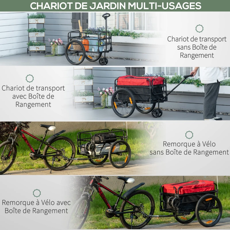 HOMCOM Remorque à vélo ou piéton capacité 100L avec barre d'attelage universelle et tissu Oxford - drapeau et réflecteurs - dim. 130L x 64l x 64/103H cm