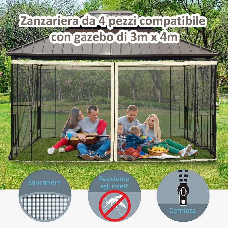 Outsunny Zanzariera per Gazebo Tende di Ricambio Universale con Cerniere, 352x207cm - Nero e Beige
