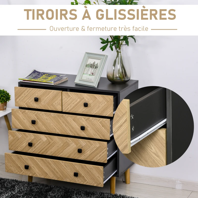 HOMCOM Commode 5 tiroirs Design scandinave Graphique dim. 80L x 40l x 80H cm Panneaux de Particules Gris foncé chêne Clair