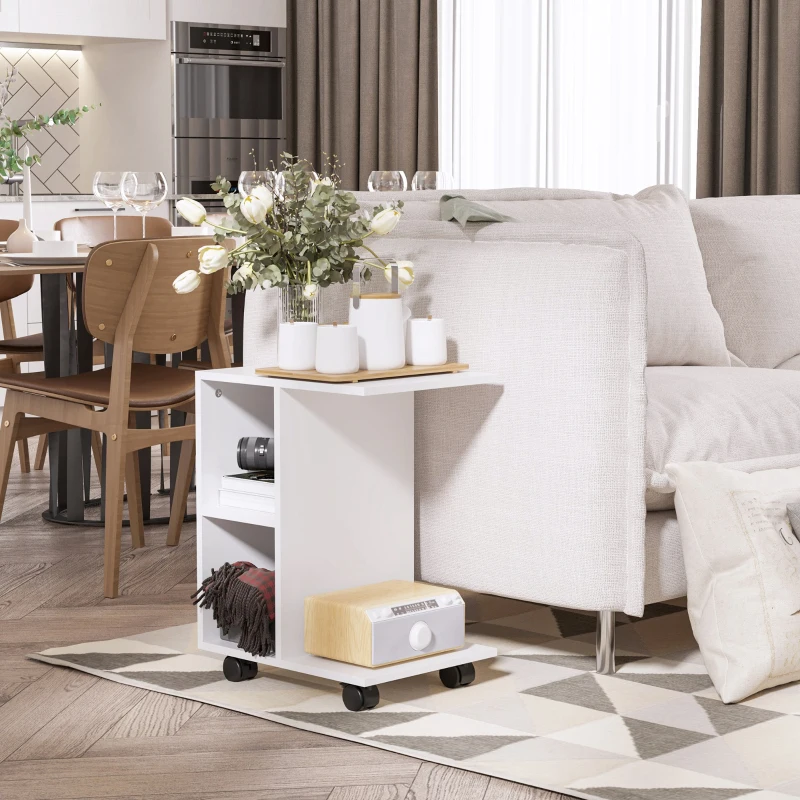 HOMCOM C-Shape End Table Unique Storage Unit w/ 2 Shelves 4 Wheels Freestanding Home Furniture Cabinet Square White