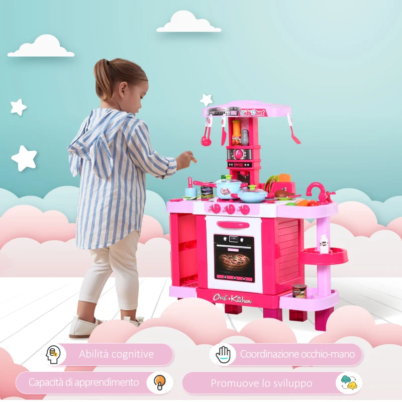 HOMCOM Cucina Giocattolo per Bambini con 38 Accessori Inclusi, con Luci e Suoni Realistici, 78x29x87 cm, Rosa(m-6)