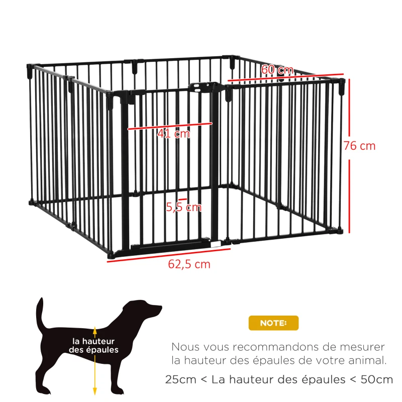 PawHut Barrière de sécurité barrière de protection cheminée parc enclos chien pliable modulable 8 panneaux avec porte sans perçage 482,5 x 76 cm noir