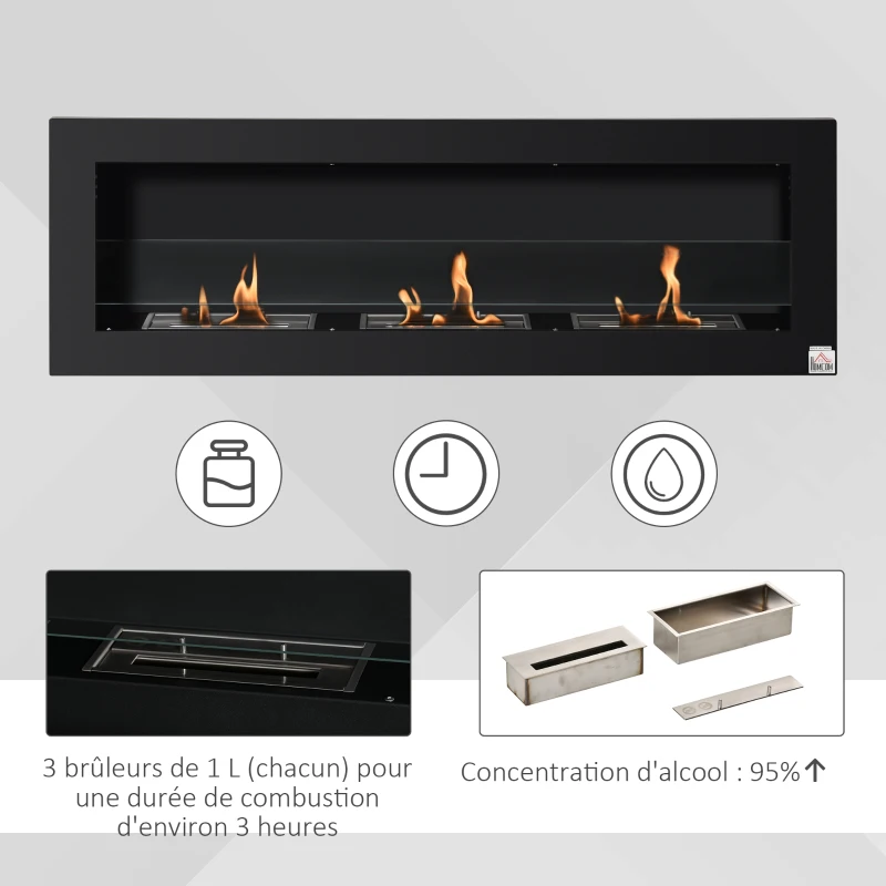 HOMCOM Cheminée bioéthanol Murale encastrable 3 brûleurs 3 L au total, environ 3 h de durée de combustion, dims. 120L x 15l x 40H cm, acier inox noir(m-5)