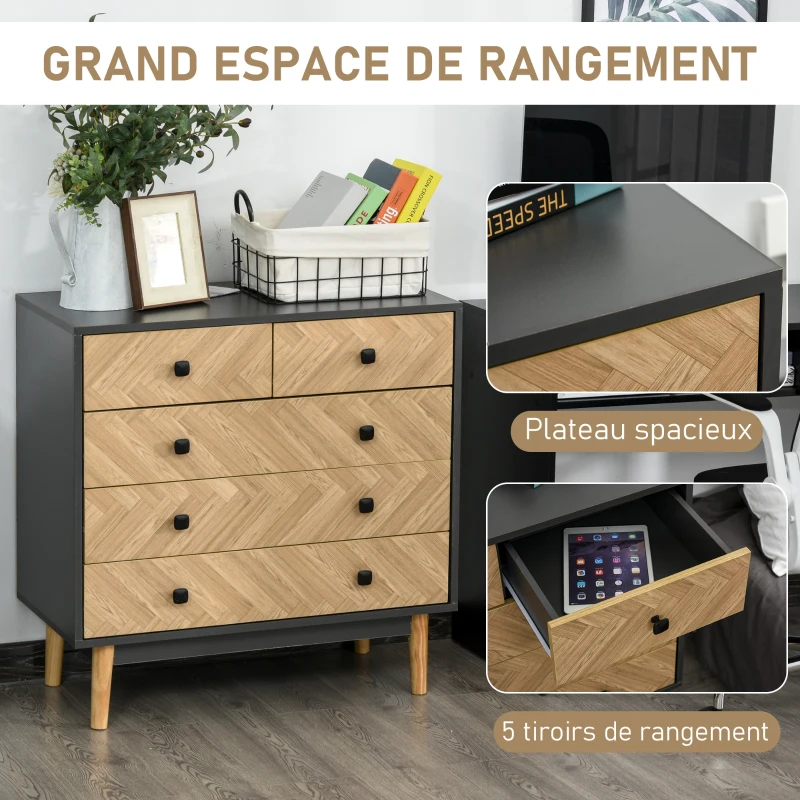 HOMCOM Commode 5 tiroirs Design scandinave Graphique dim. 80L x 40l x 80H cm Panneaux de Particules Gris foncé chêne Clair