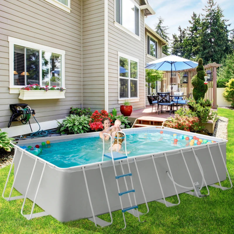 Outsunny Piscina Fuori Terra in Acciaio e PVC Rinforzato con Filtro, 580x310x122cm, Grigio Chiaro