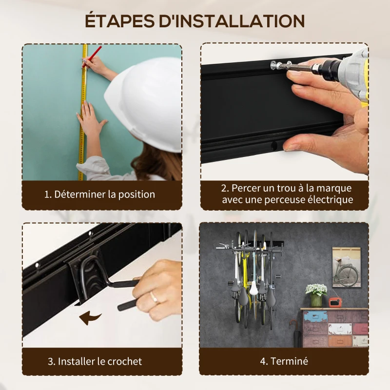 SPORTNOW Support mural pour vélos, rangement 5 vélos et 3 casques, crochets de rangement réglables, porte-vélos, 121,5 x 10 cm