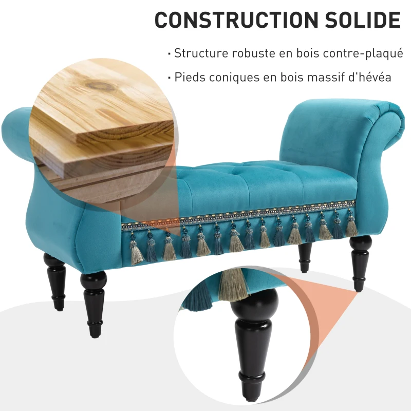 HOMCOM Banc banquette capitonnée design accoudoirs courbés pompons pieds bois hévéa revêtement velours bleu
